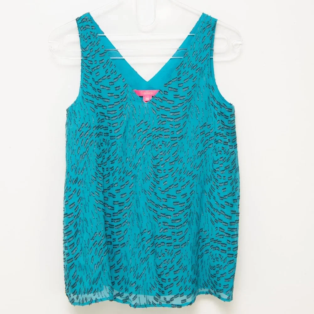 Lilly Pulitzer Florin Tank Top V-neck Silk Blouse Sleeveless Metallic Blue XXS - Picture 2 of 8